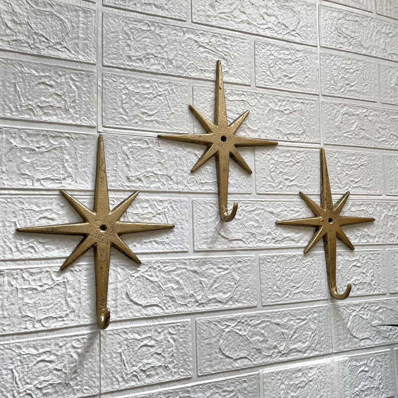 Antique Gold Cast Iron Atomic Starburst Wall Hooks Set of 3 &ndash; Mid-Century Modern Decor for Stylish Organization and Chic Storage image number 5