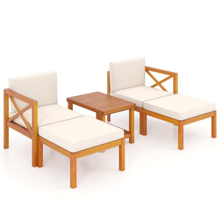 Hivvago 5 Pieces Acacia Wood Patio Lounge Chair Set with Ottomans and Cushions
