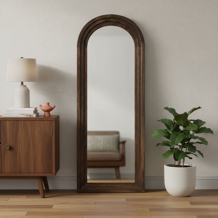 HomeRoots 71" Brown Solid Wood Arch Freestanding Framed Full Length Mirror