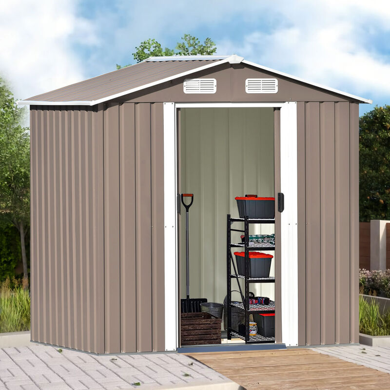 Patio 6ft x4ft Bike Shed Garden Shed, Metal Storage Shed with Lockable Door, Tool Cabinet with Vents and Foundation for Backyard, Lawn, Garden, Brown