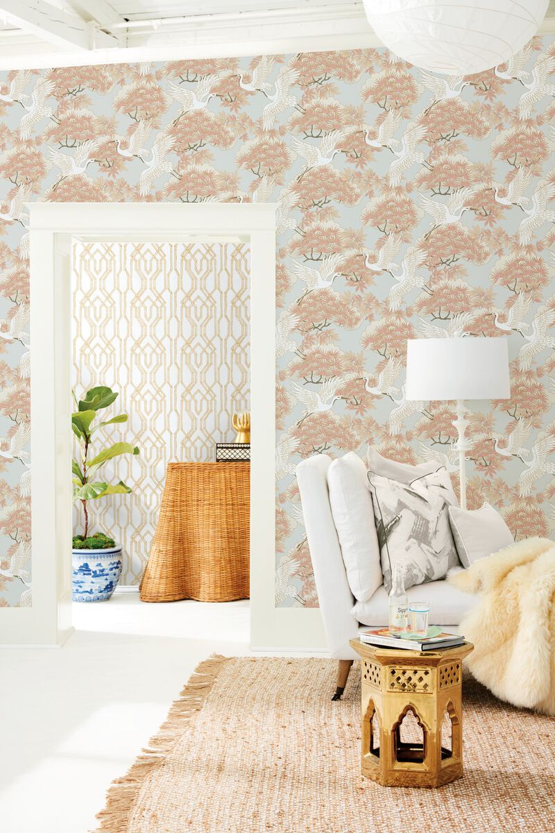 Sprig & Heron Coral Wallpaper (Double Roll) image number 5