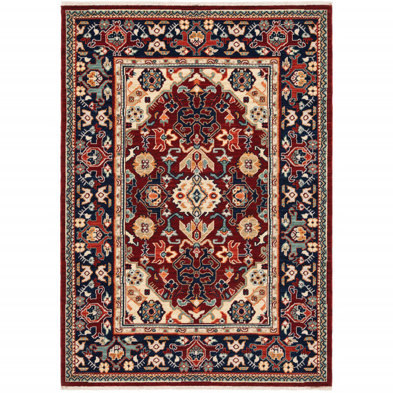 3 X 5 Blue and Red Oriental Power Loom Area Rug With Fringe