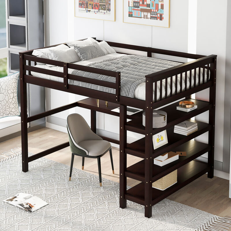 Merax Full Size Loft Bed with Storage Shelves and Under-bed Desk