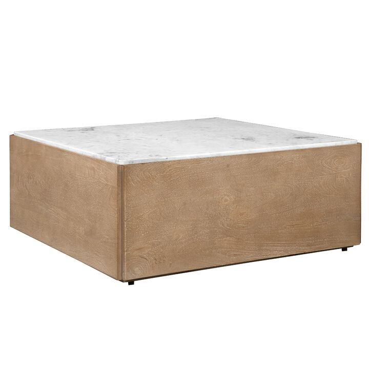 Joi 38 Inch Square Coffee Table, Real White Marble Top, Solid Mango Wood Base, Sandblasted Light Brown