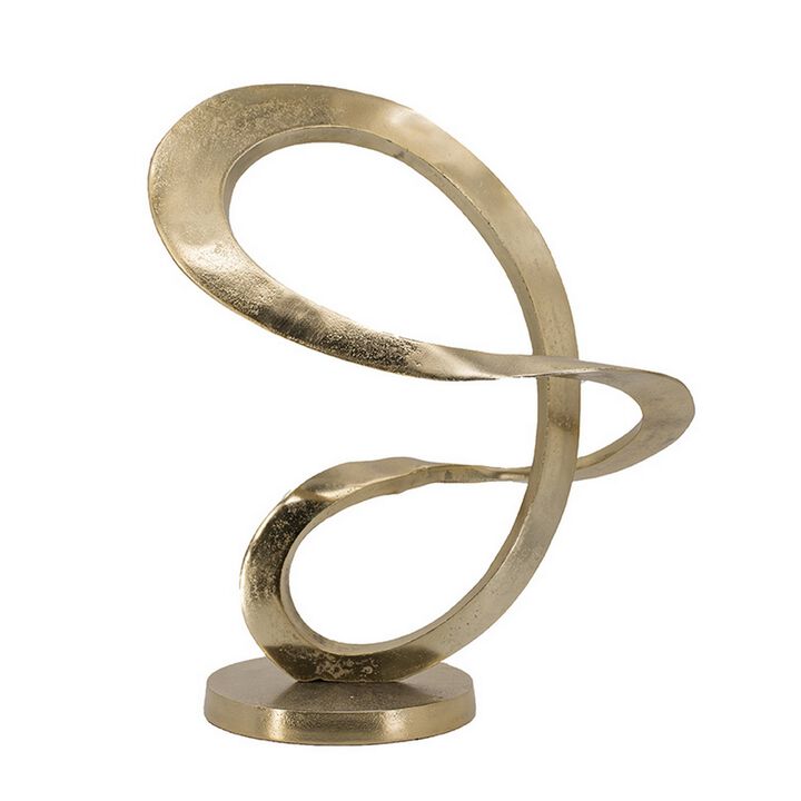 17 Inch Modern Sculpture, Gold Aluminum, Tabletop Decor Loop, Round Base - Benzara