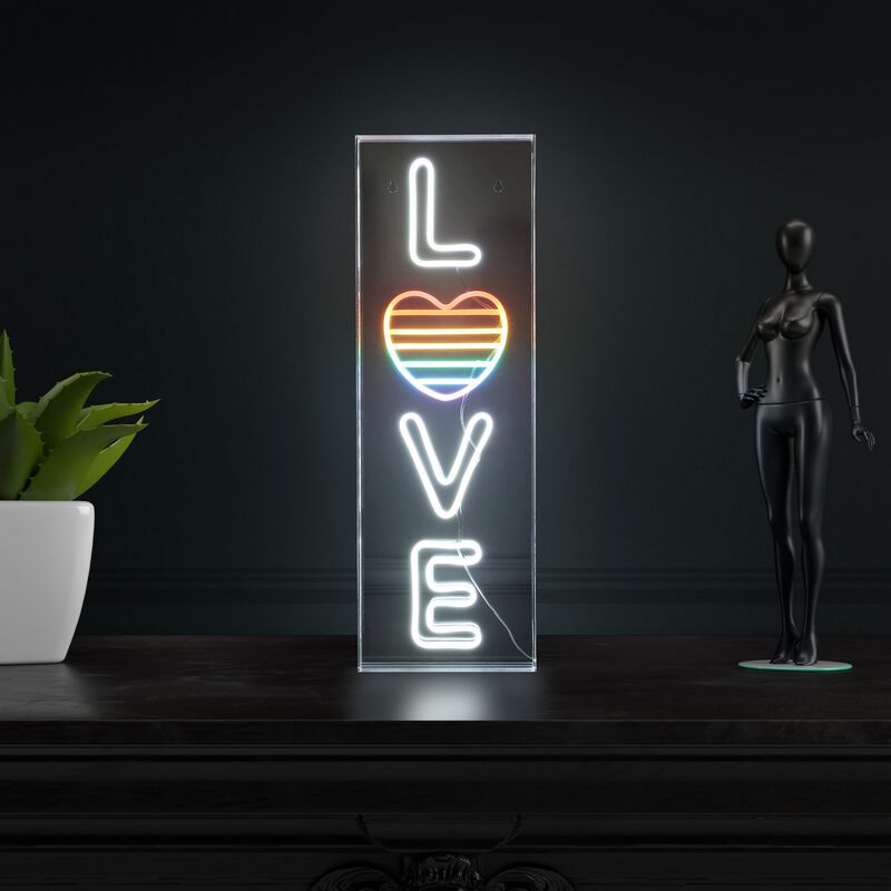 LOVE 8" X 24" Contemporary Glam Acrylic Box USB Operated LED Neon Light, White/Rainbow