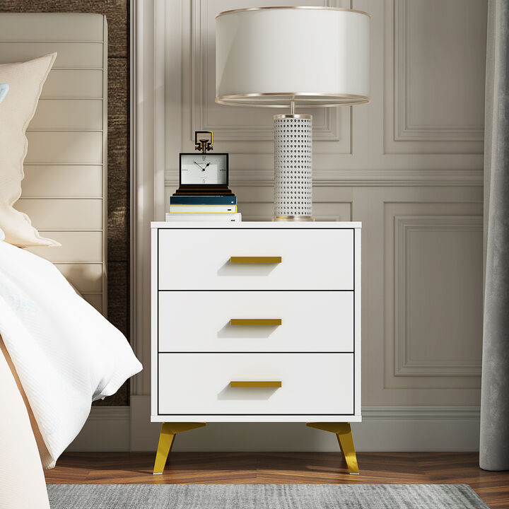 Modern Nightstand with 3 Storage Drawers & Gold Metal Legs, Minimalist and Versatile Bedside Table Sofa End Side Table, White (19.7" W x 15.7" D x 23.6" H)