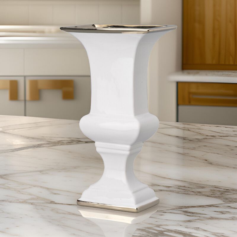 14 Inch Decorative Ceramic Vase, Artistic Turned Urn, White and Gold Rim - Benzara