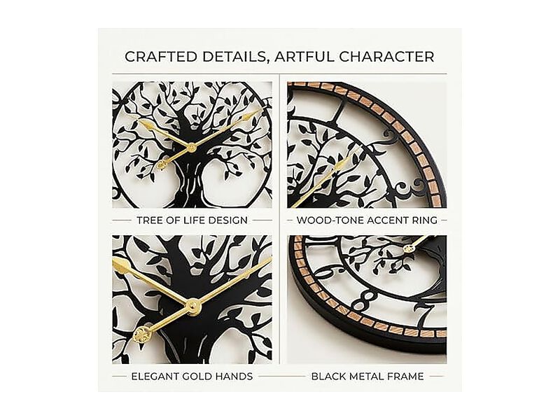 Wall Clock 14 Large Living Decor Tree Life Wood Frame Design Non Ticking Battery image number 3