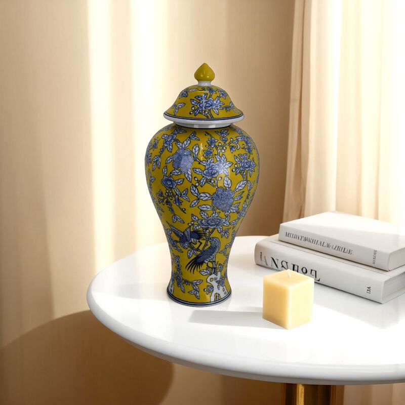 Chris Decorative Jar, Yellow Bird and Floral, Blue Ceramic 20 Inch - Benzara
