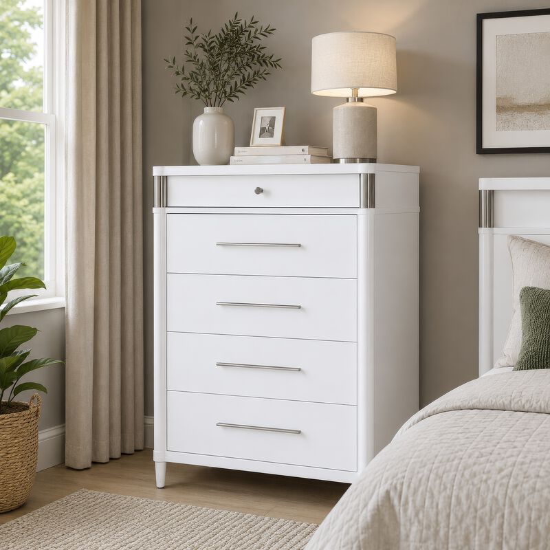 Ruvie Tall Chest 5 Drawers w Felt lined Jewellery Drawer, White Wood image number 8