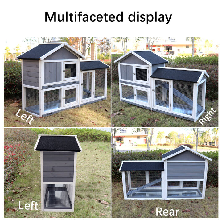 Rabbit Hutch, Indoor Bunny Cage, Outdoor Rabbit Cages with Run, Pet House with Deeper No Leak Tray, UV Panel, Removable Bottom Wire Mesh for Small Animals