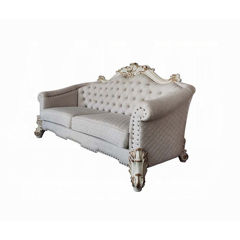 Antoine Sofa, 6 Pillows, Tufted Ivory Fabric, Pearl White, 89 Inch