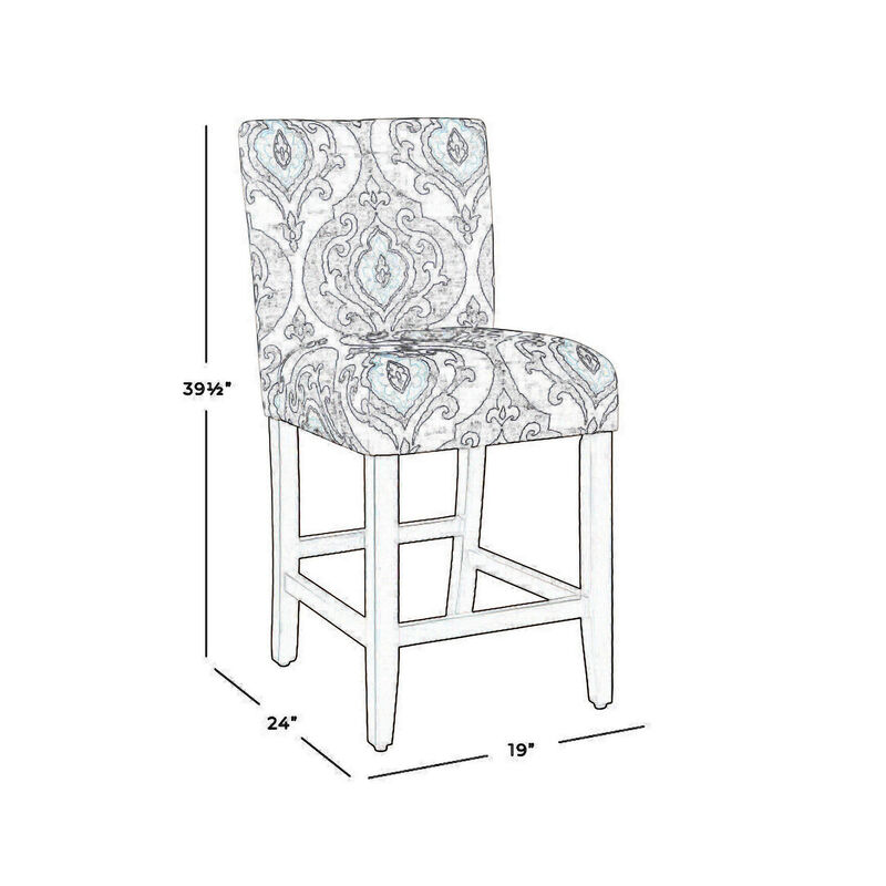Wooden Counter Height Stool with Damask Pattern Fabric Upholstery, Gray and Blue
