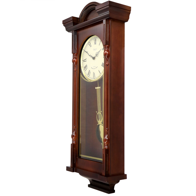 Bedford Clock Collection Grand 31 Inch Chiming Pendulum Wall Clock in Antique Mahogany Cherry Finish