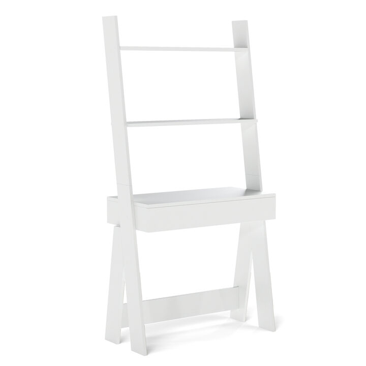 Wall Leaning Ladder Desk with Drawer and 2 Storage Shelves for Small Spaces