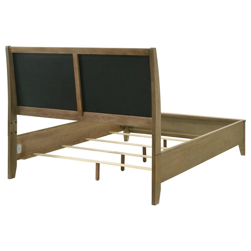 Heon King Bed, Block Panel Headboard, Ivory Upholstery, Pine Wood - Benzara image number 2
