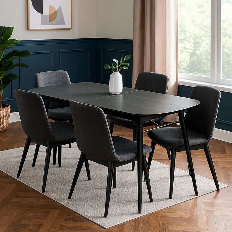 Obround Top Wooden Dining Table with Extendable Leaf, Charcoal Gray