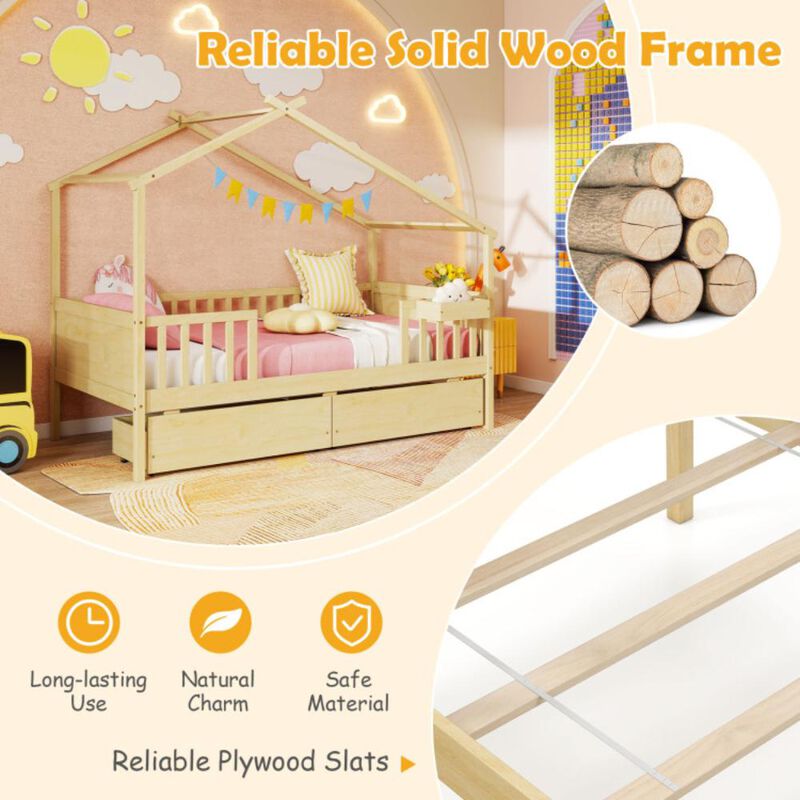 Hivvago Twin House Bed with 2 Storage Drawers and Roof & Fence Rails