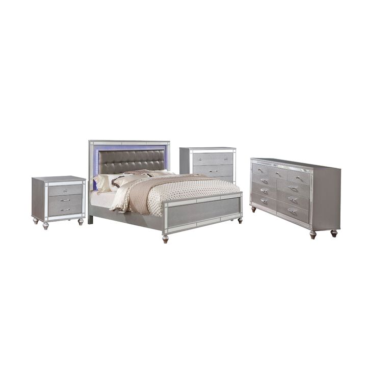 Queen Bedroom Set, Silver, 4 Piece Set with Chest, Dresser, and Nightstand