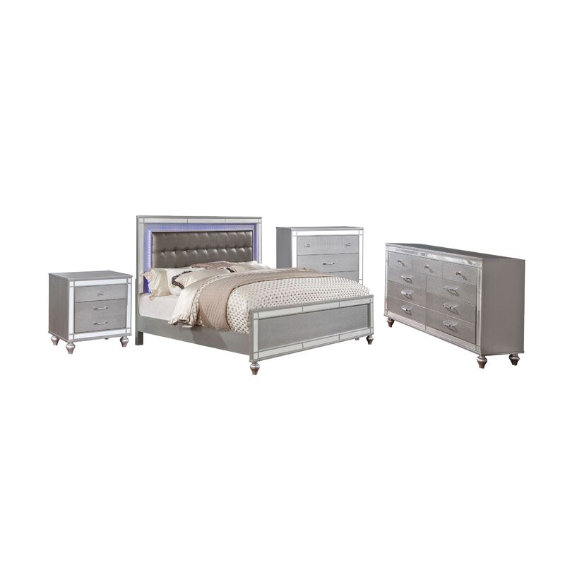 Queen Bedroom Set, Silver, 4 Piece Set with Chest, Dresser, and Nightstand image number 0