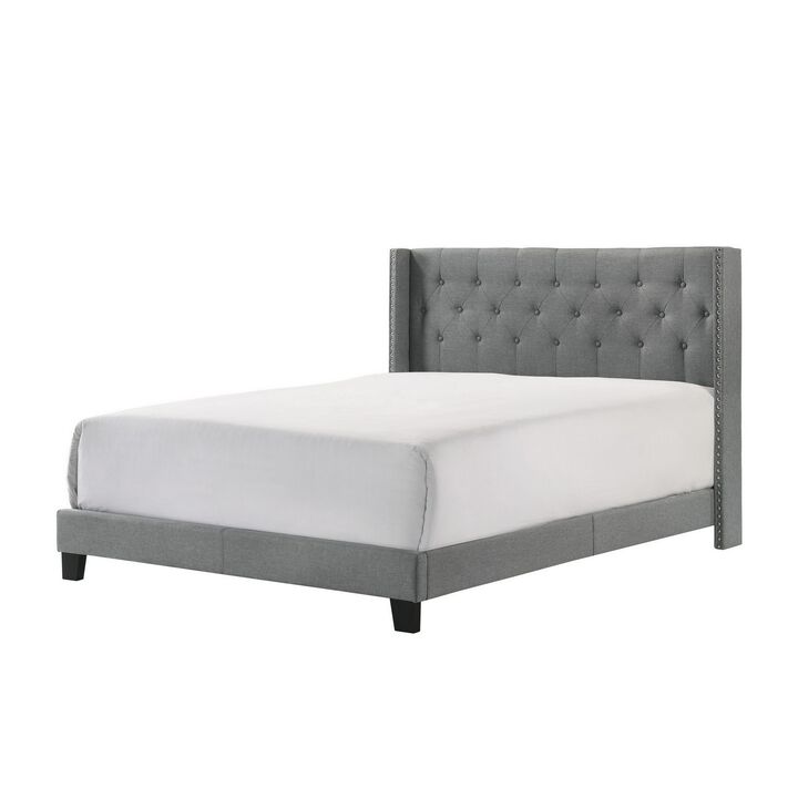 Lih Full Bed, Tufted Headboard, Wood Frame, Fabric, Black Legs, Gray - Benzara
