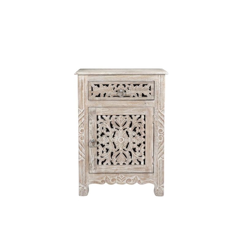 HomeRoots 30" Distressed White One Drawer Carved Floral Solid Wood Nightstand image number 0
