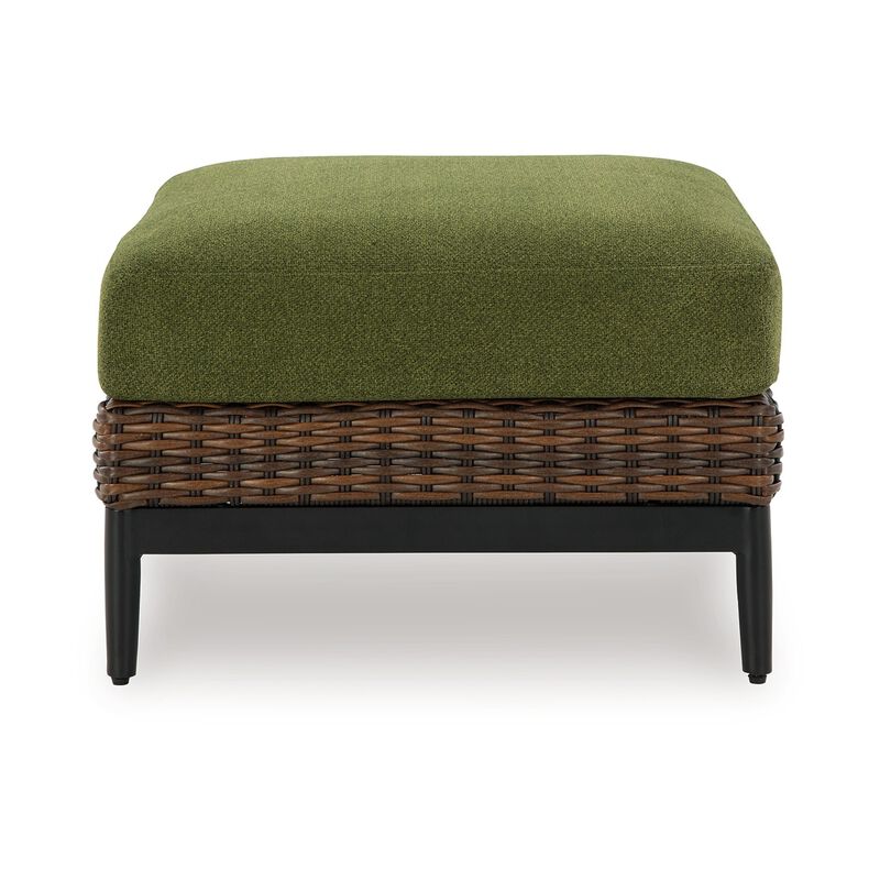 Izon Outdoor Ottoman, Brown Woven Wicker, Green Polyester, 28 Inch - Benzara
