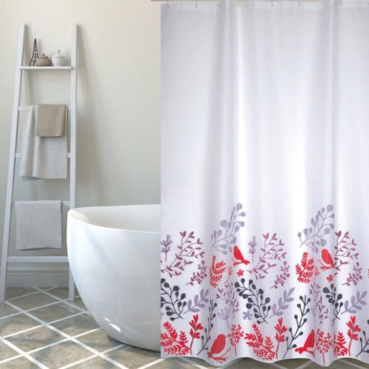 MSV BIRDS Polyester Shower Curtain 180x200cm PREMIUM QUALITY Red & White Patterns - Rings included