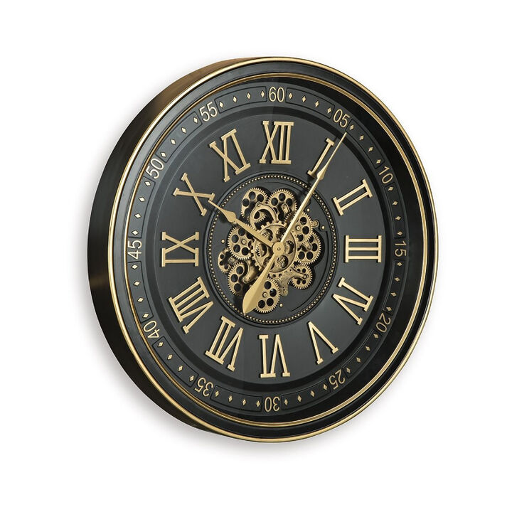 Wall Clock with Gears, Gold Roman Numerals, 32 Inch Round Black Metal