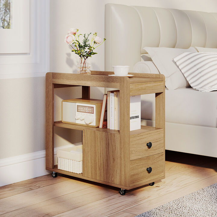 Compact Sofa Side Table with 2 Drawers and Open Shelves for Organization