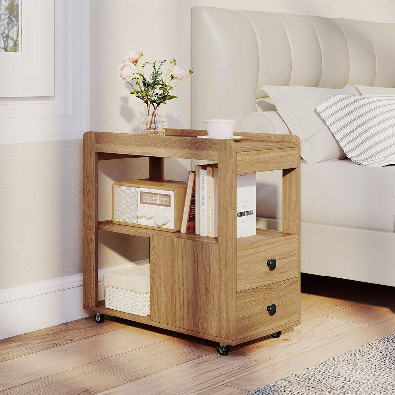 Compact Sofa Side Table with 2 Drawers and Open Shelves for Organization
