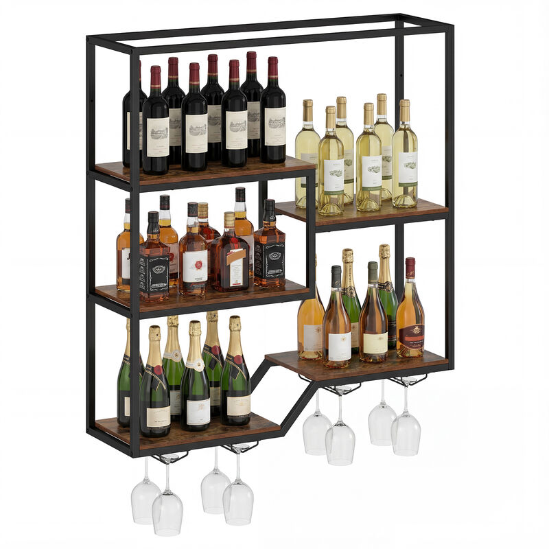 Rustic Brown 5-Tier Hanging Wine Rack with Bottle Shelf and Glass Holder image number 3
