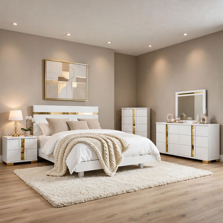 Yoki 5pc Queen Bedroom Set w Underbed LED, White and Gold, Tall Dresser