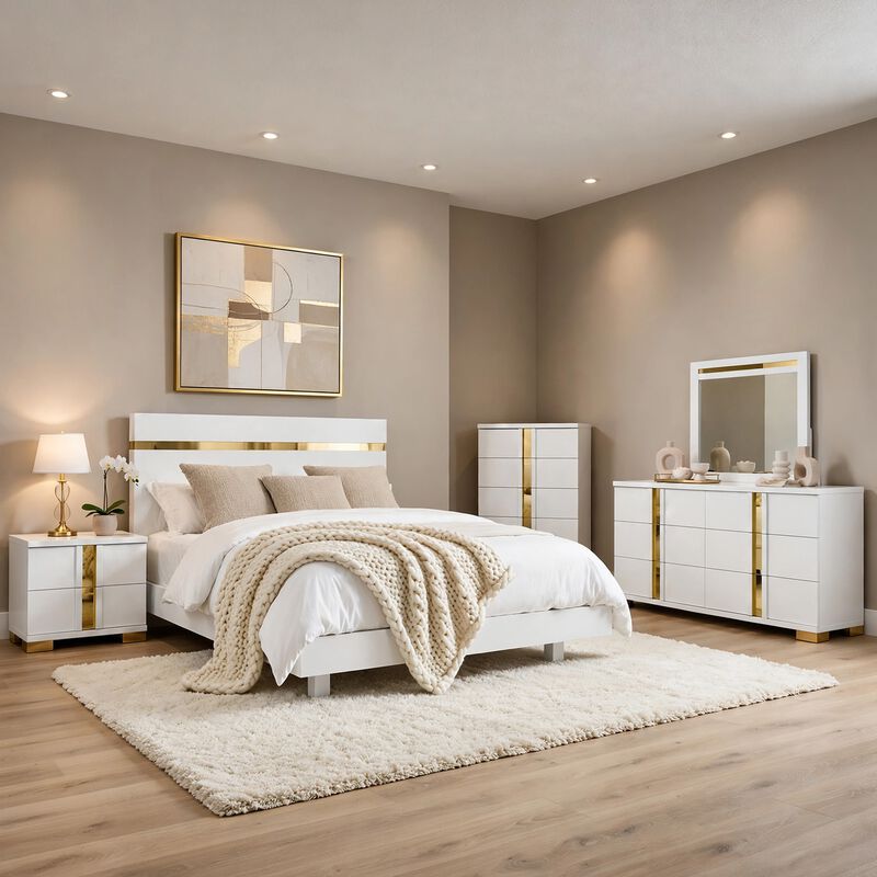 Yoki 5pc Queen Bedroom Set w Underbed LED, White and Gold, Tall Dresser image number 1