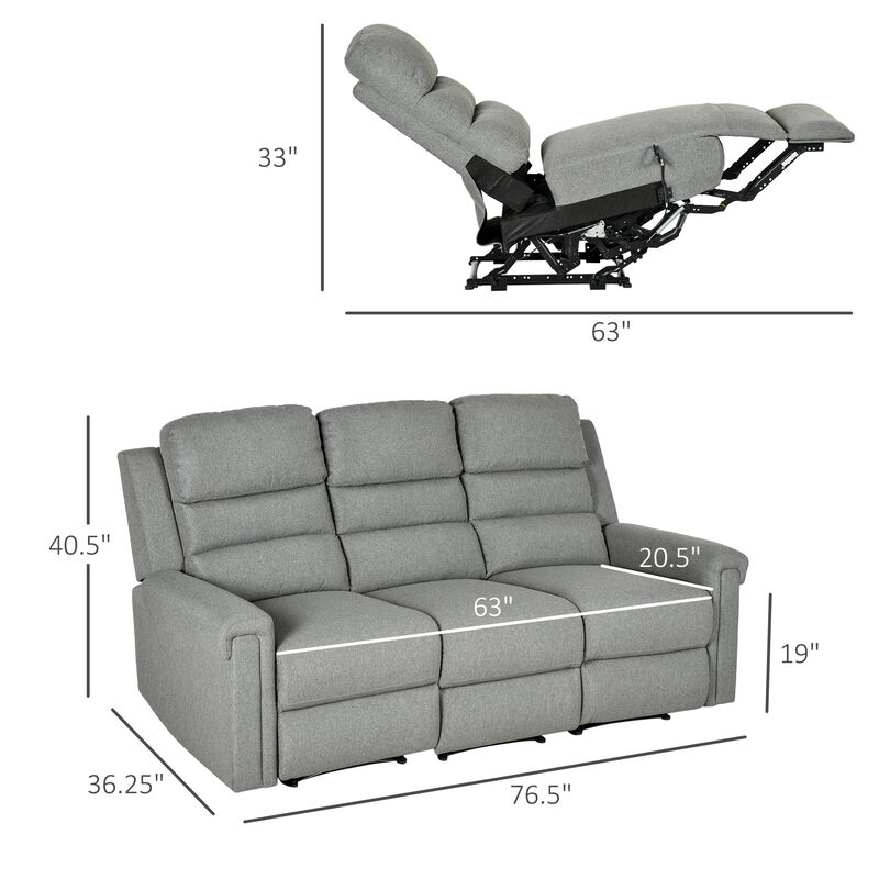HOMCOM 3 Seater Recliner Sofa with Manual Pull Tab, Fabric Reclining Sofa, RV Couch, Home Theater Seating, Gray