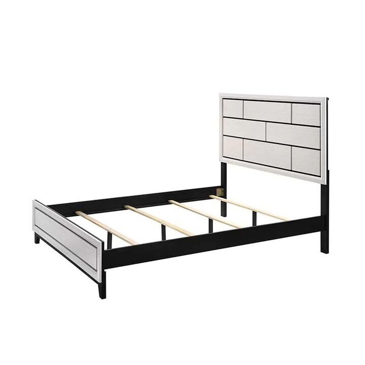 Benjara Asir Full Size Bed, Geometric Panel Headboard, Modern Wood Finish, White and Black