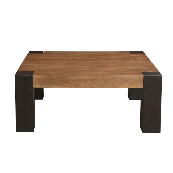 Kisa 44 Inch Square Coffee Table, Sandblasted Block Legs, Coffee Brown Mango Wood
