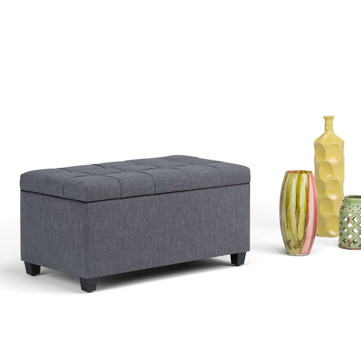 Sienna 33 inch Wide Transitional Rectangle Storage Ottoman Bench in Slate Grey Linen Look Fabric, Assembled