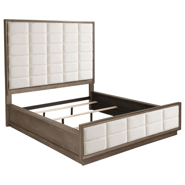 Lyni California King Bed, Grid Tufted Ivory Upholstery, Oak Brown - Benzara