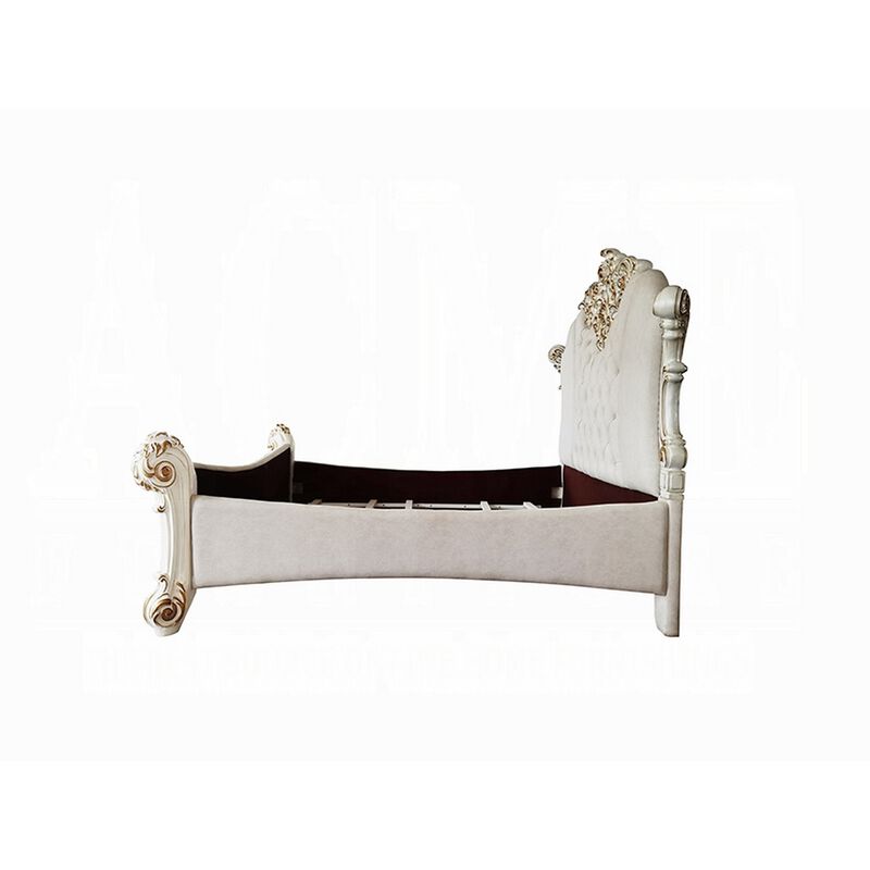 Antoine King Size Bed, Ivory Faux Leather Victorian Carved Pearl White - Benzara
