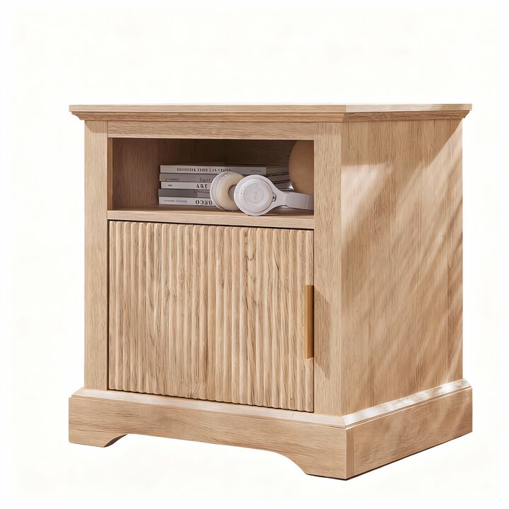 Fluted Wood Nightstand with USB & AC Charging, 22" Wide Side Table, Open Shelf