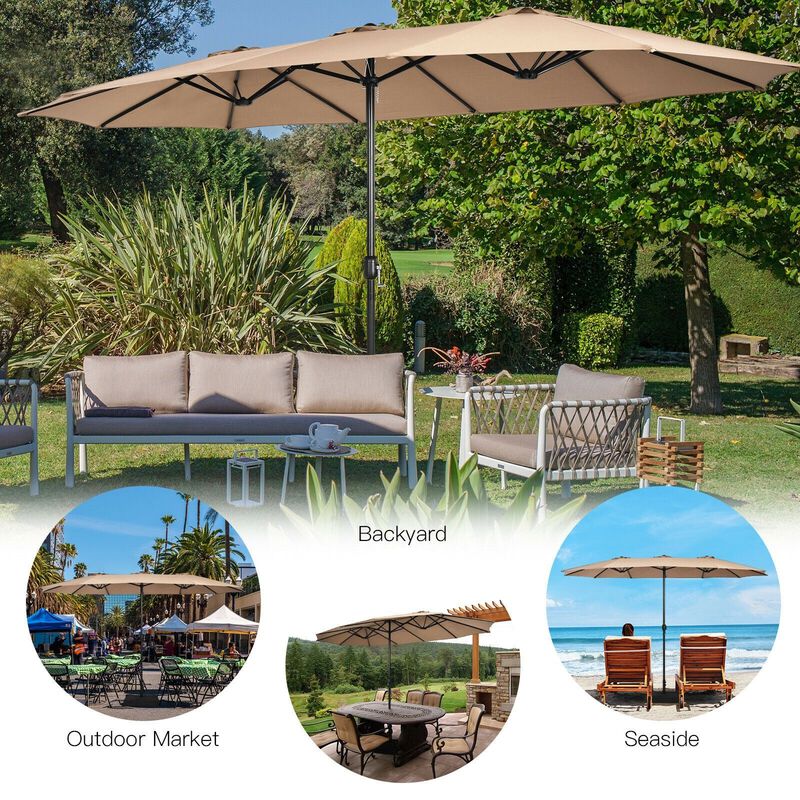 15 twin patio umbrella double sided outdoor market umbrella GREEN PARTY 15ft Large with Base, Rectangle patio double 15FT Double-Sided Patio Market Umbrella