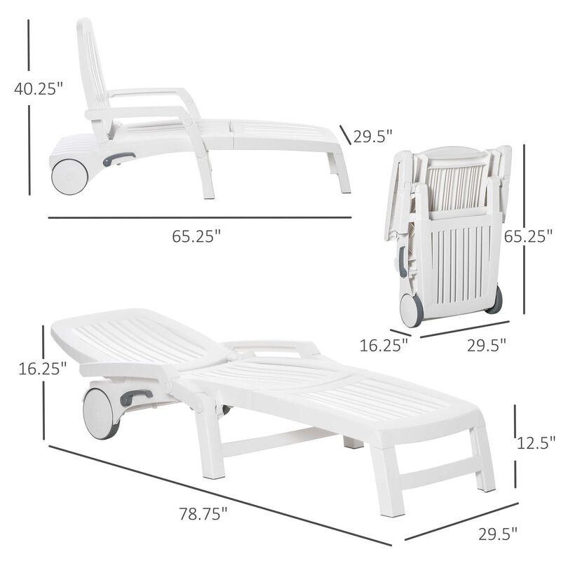 Outdoor Folding Chaise Lounge Chair on Wheels, Patio Sun Lounger Recliner with Storage Box & 5-Position Backrest for Garden, Beach, White