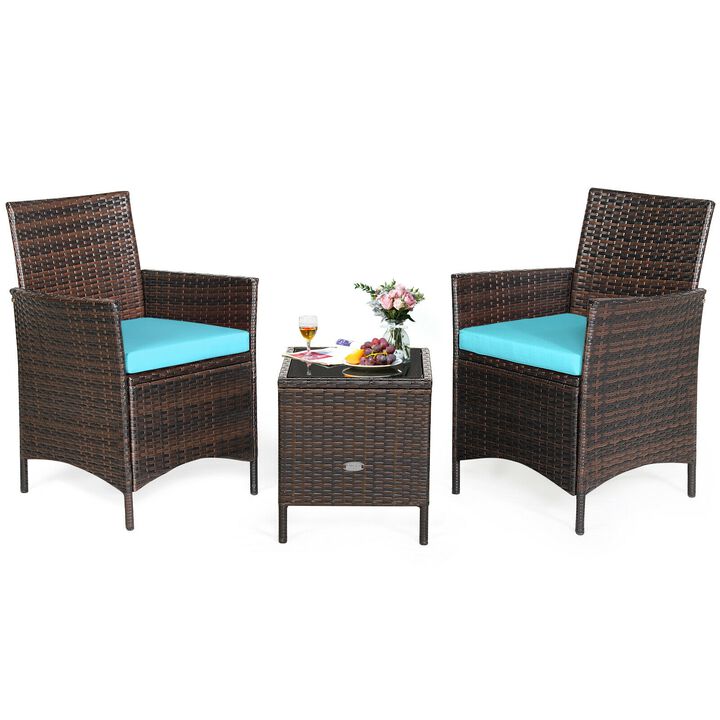 3 Pieces Patio Rattan Furniture Set Cushioned Sofa and Glass Tabletop Deck