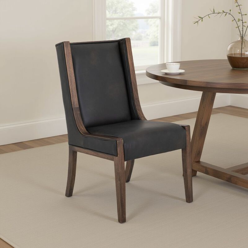 Ally Dining Side Chair Set of 2, Walnut Brown Wood, Black Faux Leather - Benzara