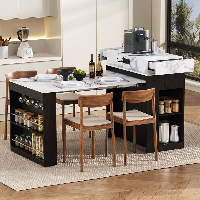Whisen Extendable Dining Table 57.7"x32.7", Glass & MDF, w/Drawers, Power Outlet, Kitchen Island on Wheels image number 1