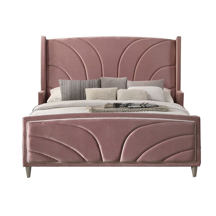 Kerith Modern Wood King Size Bed, Wingback Frame, Pink Velvet, Chrome Legs-Benzara