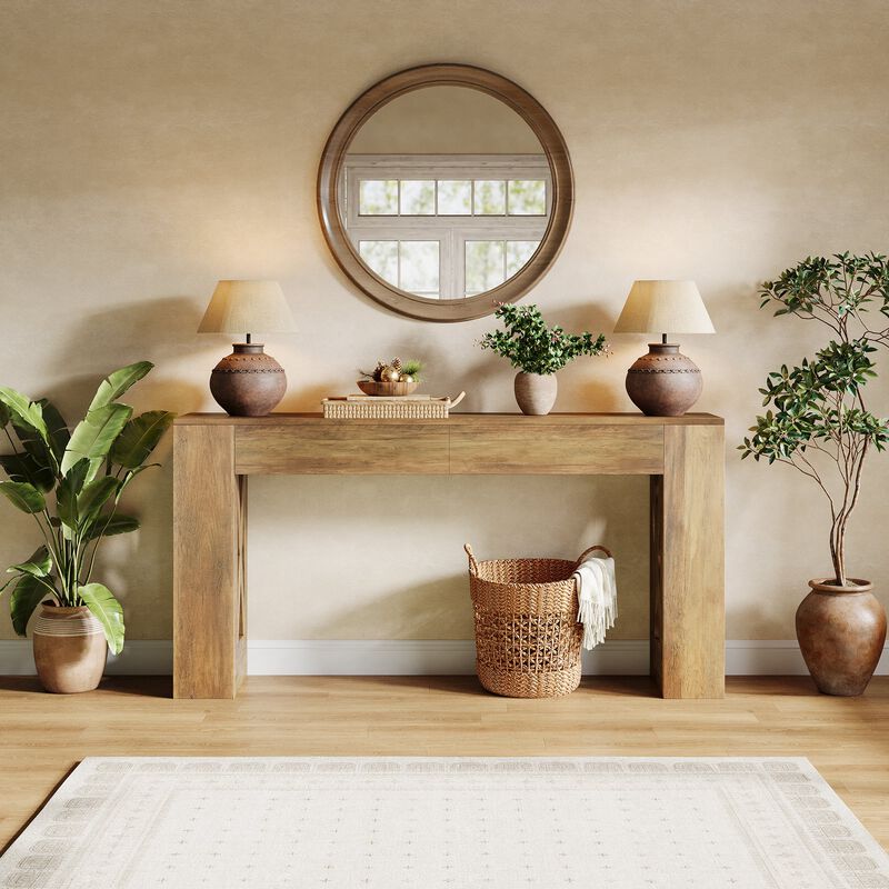 Sofa Console Table with 2 Drawers and X-Shaped Legs, Narrow Design-Brown image number 4