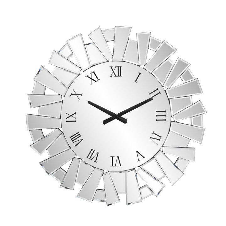 HomeRoots 27" Silver Mirrored Glass Silent Analog Sunburst Wall Clock